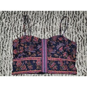 American Eagle Outfitters Smocked Crop Top Floral Print Blue Pink XL TG